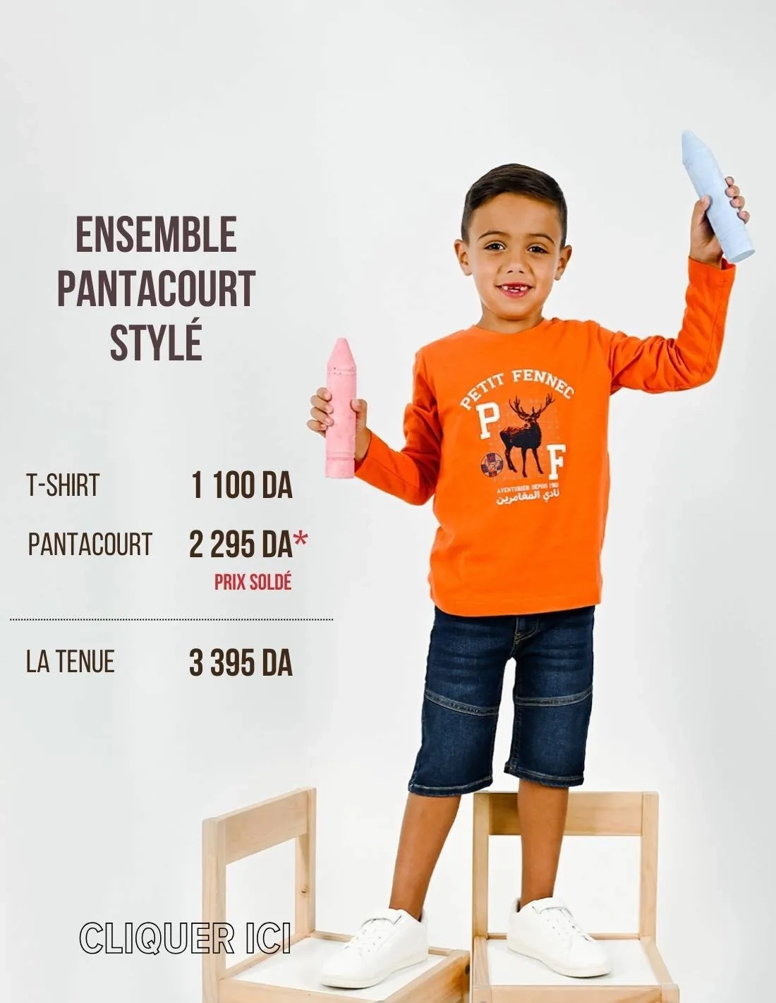 Ensemble Pantacourt en jean + T-shirt "Cerf de Béjaïa"